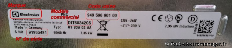 Plaque signalétique table de cuisson Electrolux