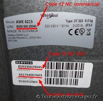 Plaque signalétique lave-linge Whirlpool Plaque signalétique lave-linge Whirlpool