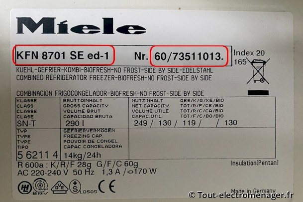 Etiquette signalétique réfrigérateur Miele