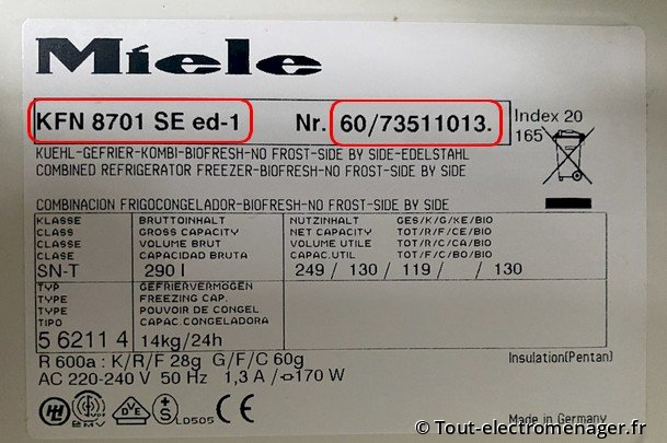 Etiquette signalétique réfrigérateur Miele Etiquette signalétique réfrigérateur Miele